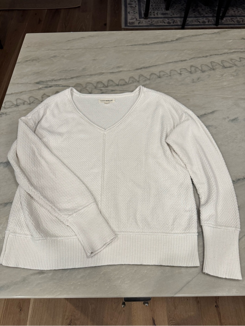 Lucky Brand White V-Neck Textured Knit Sweater
